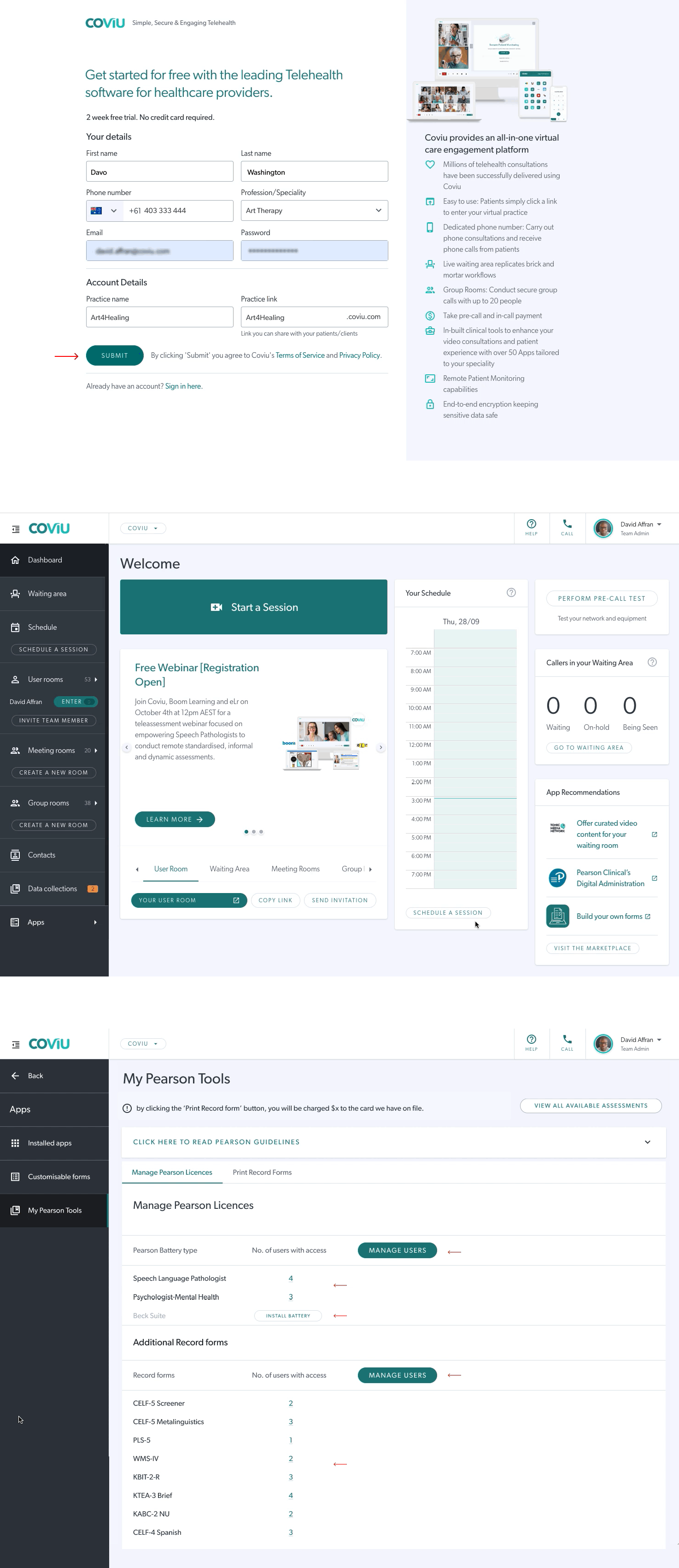 Coviu sign-up , Admin Experience and Apps eco-system